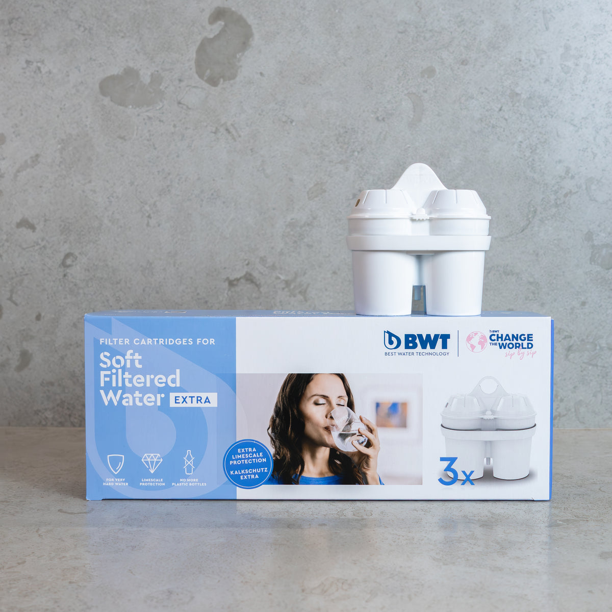 BWT Extra soft water filter cartridges placed on counter in Nordic Brew Lab Stockholm