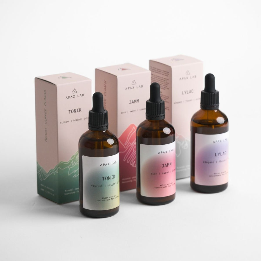 Apax Lab mineral droplets for sepcialty coffee full set, tonik, jamm and lylac.