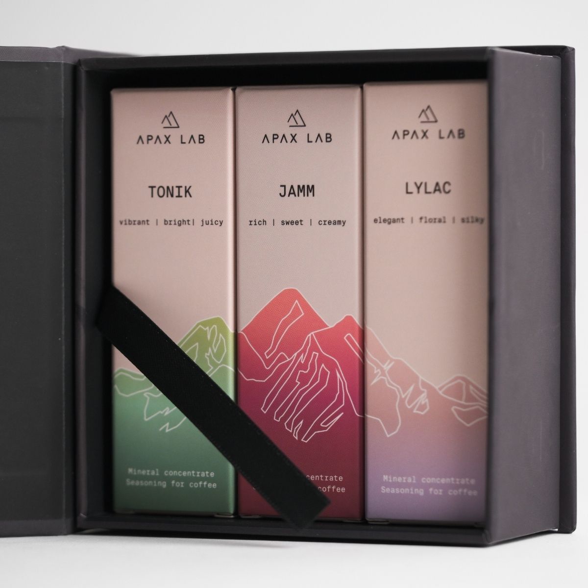 Apax Lab mineral droplets complete set for specialty coffee, Tonik, jamm and lylac placed in box.