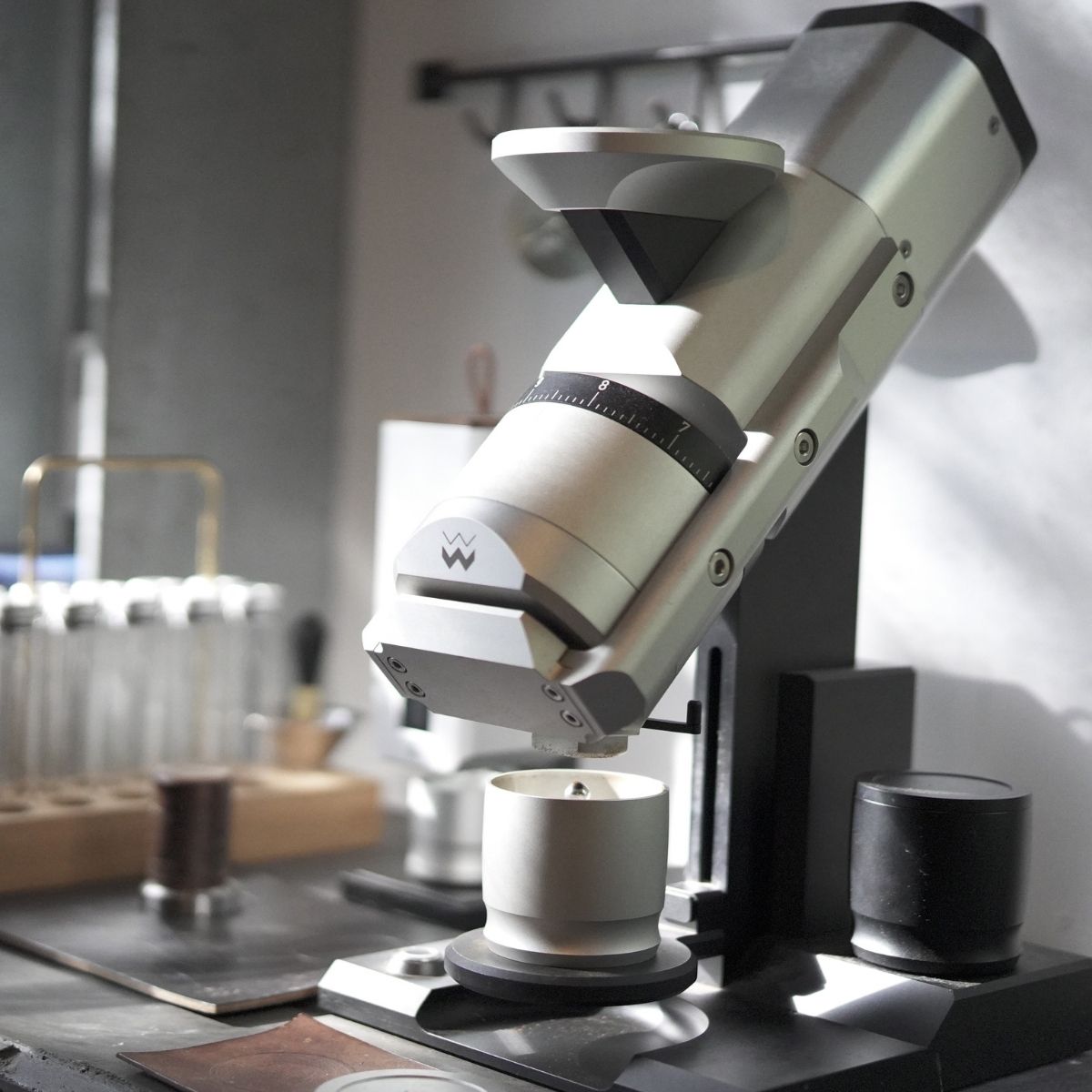 Weber Workshops EG-1 grinder placed on counter in sunlight.